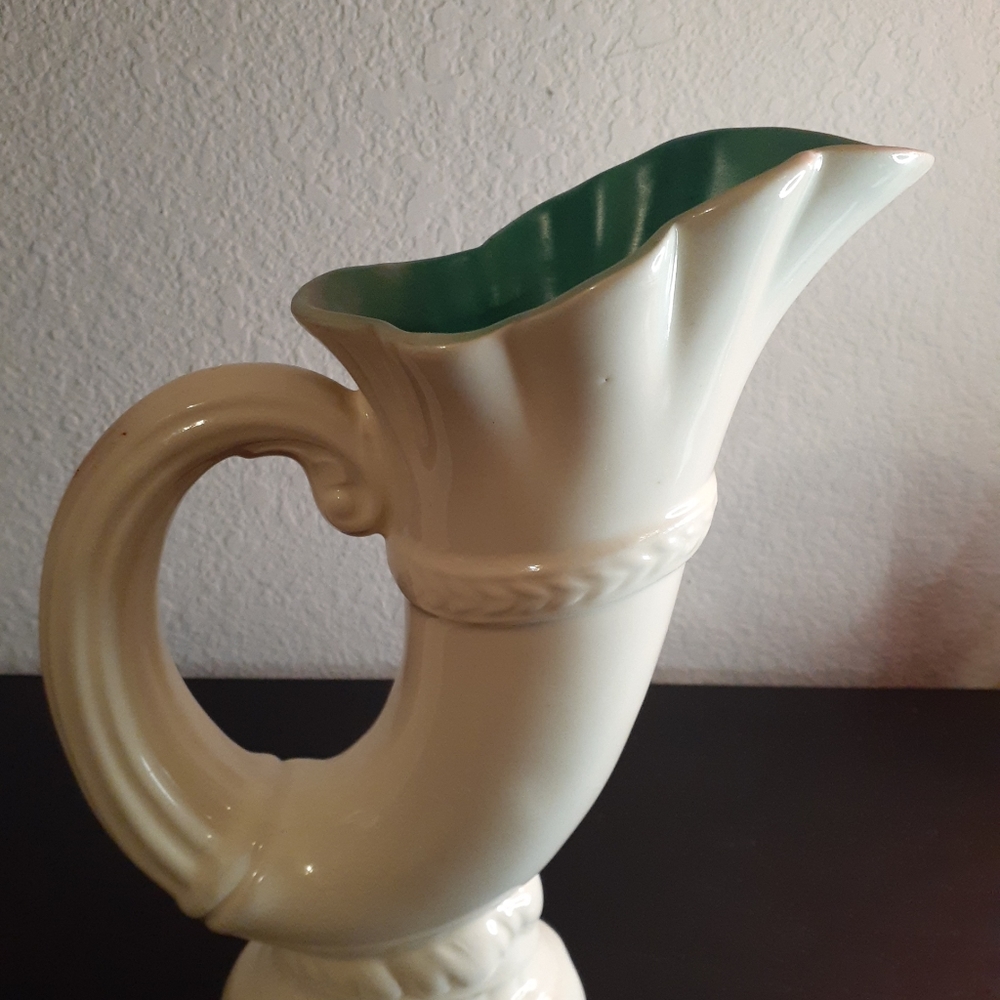 ERPHILA Czech Green Glazed Porcelain 10" Cornucopia Vase